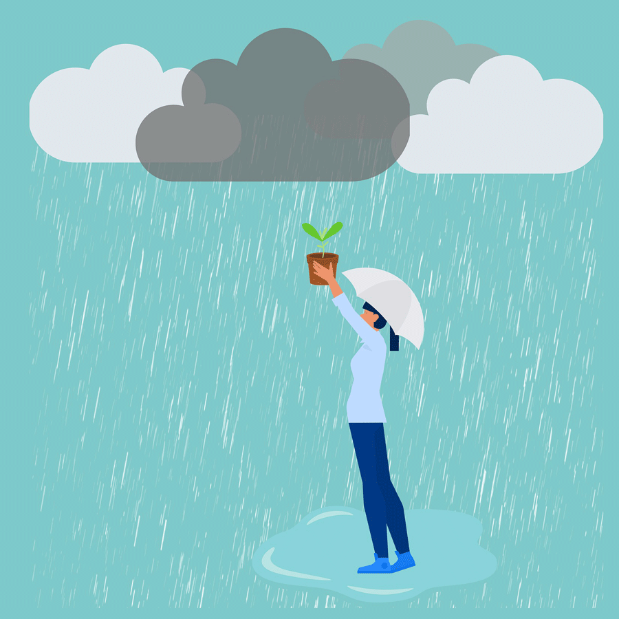 Person under clouds using rain to water a plant.
