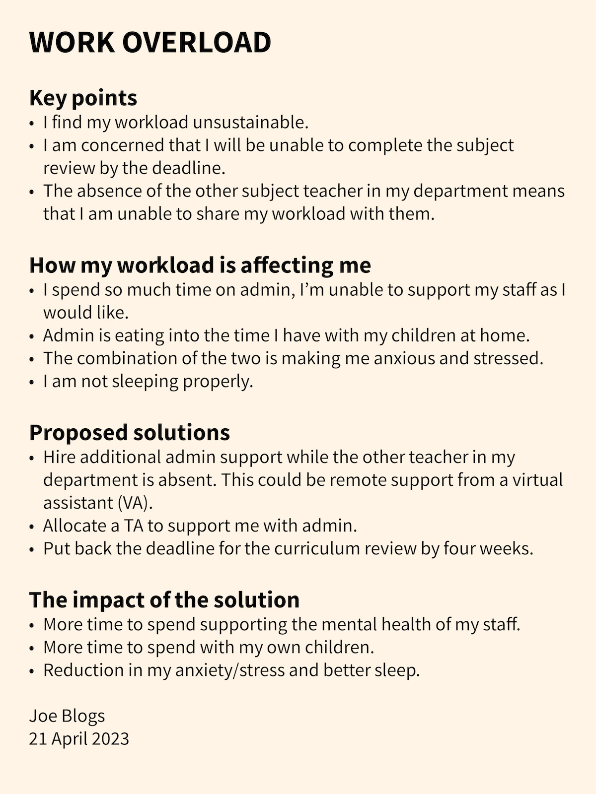 Document detailing a one-page meeting example.