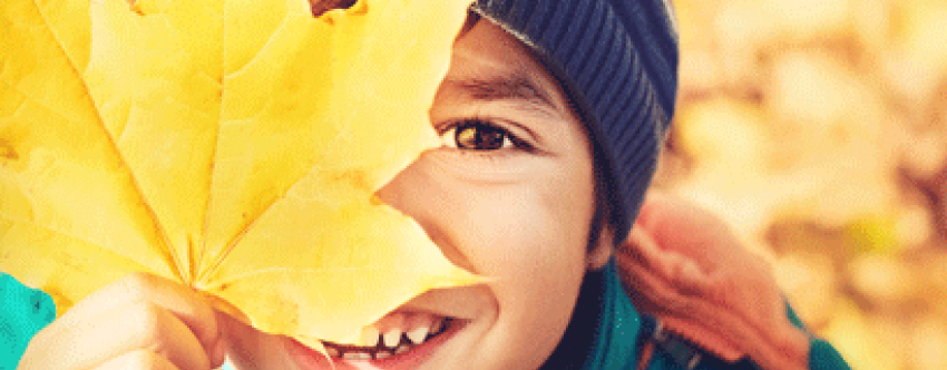Young boy in autumn, wearing woolly hat with his face partially obscured by a leaf that he is holding.