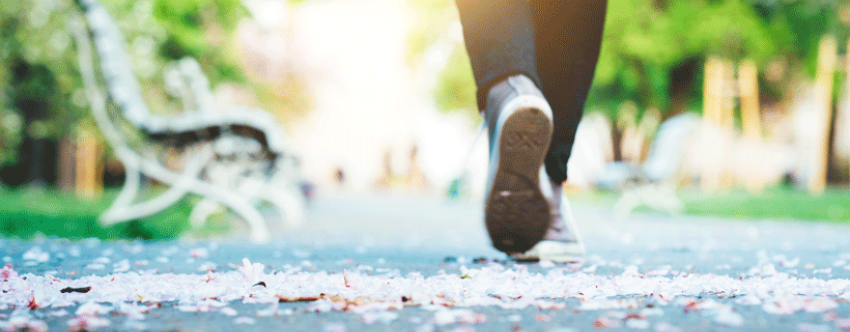 Close-up of person's feet walking through park, sunny day, petals on ground.